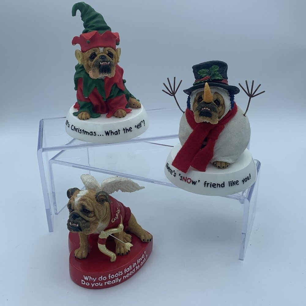 Zelda Wisdom Bulldog Figurine Set Christmas Elf, Cupid and Snowman